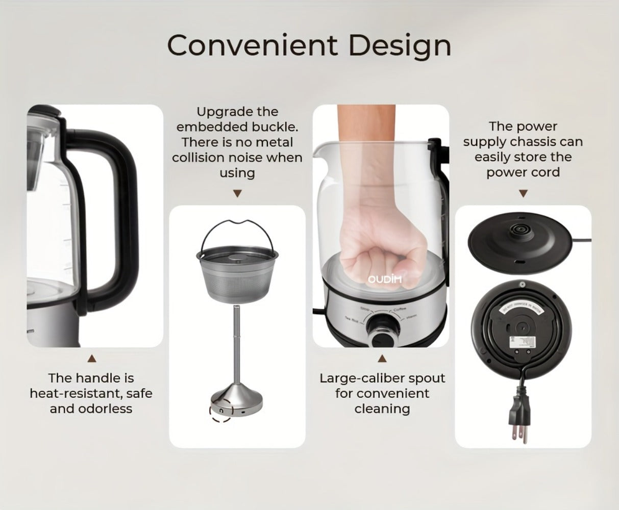 Drip Coffee Maker Electric Kettle 600W 40.58oz BPA-Free Glass Stainless Steel Spray Brew Keep Warm Boil-Dry Protection for Coffee Tea Perfect Gift