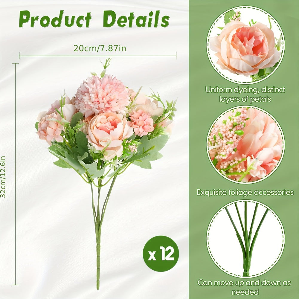 Artificial Peony Flowers 12 Bundles - Faux Peony & Hydrangea Bouquet for Wedding Centerpiece, Table Floral Arrangement, Vase Decor, Home & Holiday Decoration (Blue White, Pink, Purple, White, Green)