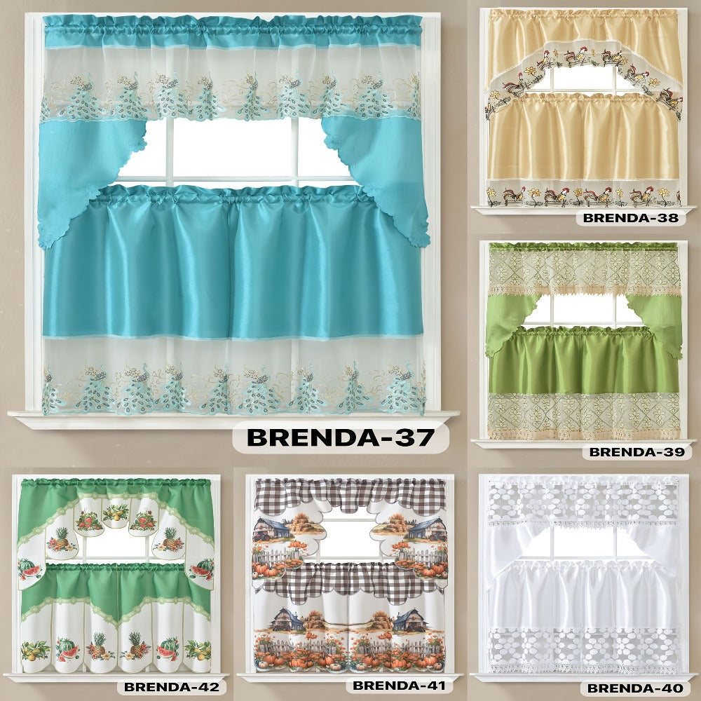 Kitchen Curtains 3 Piece Set Embroidered Satin Valance and Tiers - Rod Pocket Light Filtering Machine Washable 46 Colors Available All Season Home Decor