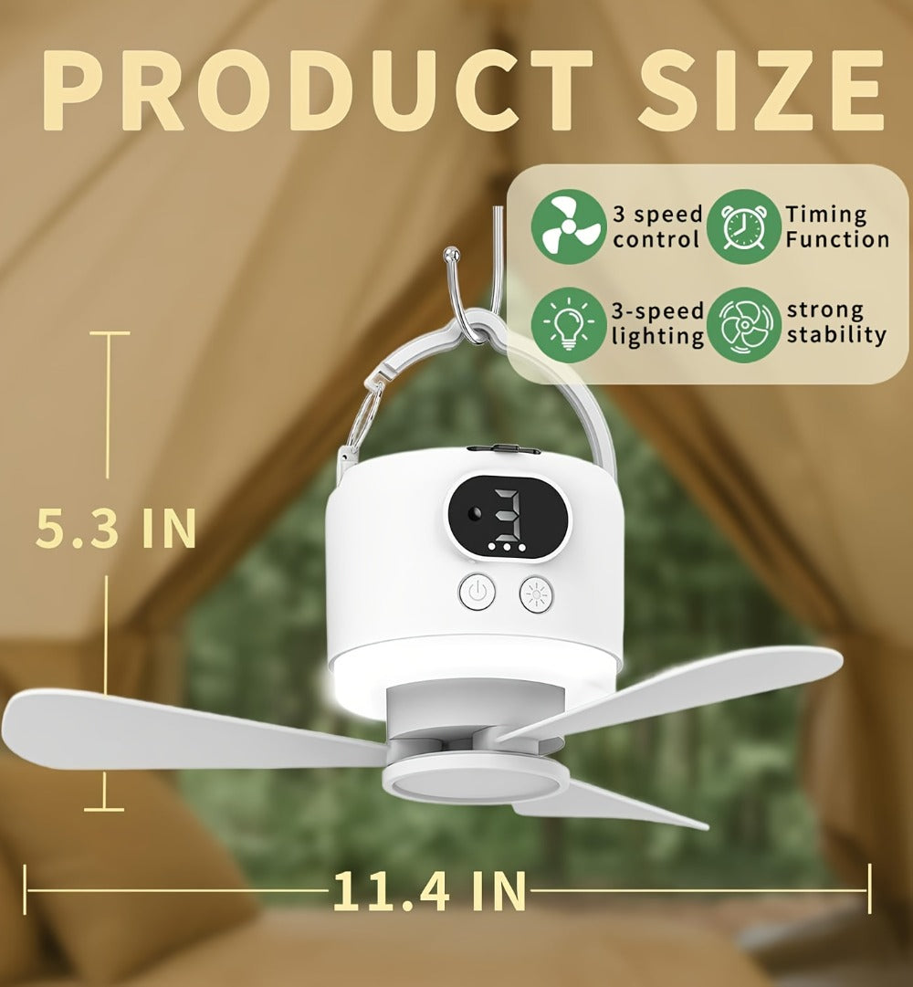 Portable Camping Ceiling Fan 10400mAh USB Rechargeable Remote Control 4-Speed Mute Fan Lamp with Phone Charging for Outdoor Tent Dorm Home White Dark Green
