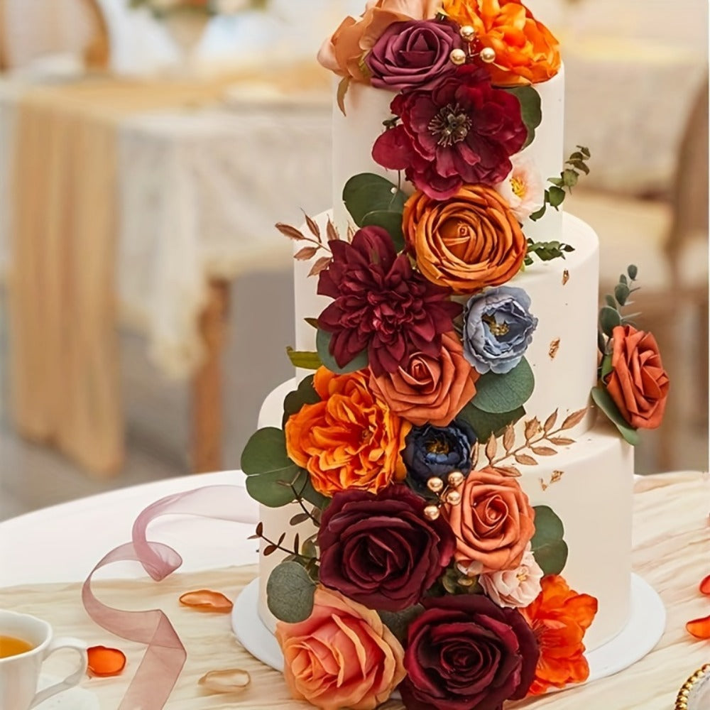Artificial Flowers Bouquet Set ¨C Foam Roses for Wedding, Fall Halloween Valentine's Day Table Decor, Orange Wine Red Blue