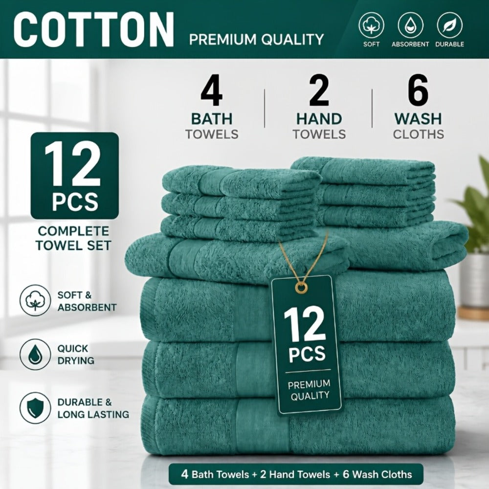 Luxury Towel Set 12 or 24 Piece Hotel Quality Cotton - Highly Absorbent Quick Dry Thick Bath Towels Hand Towels Washcloths | 7 Colors | Hotel Spa Gym Home Bathroom Essentials Gift Set