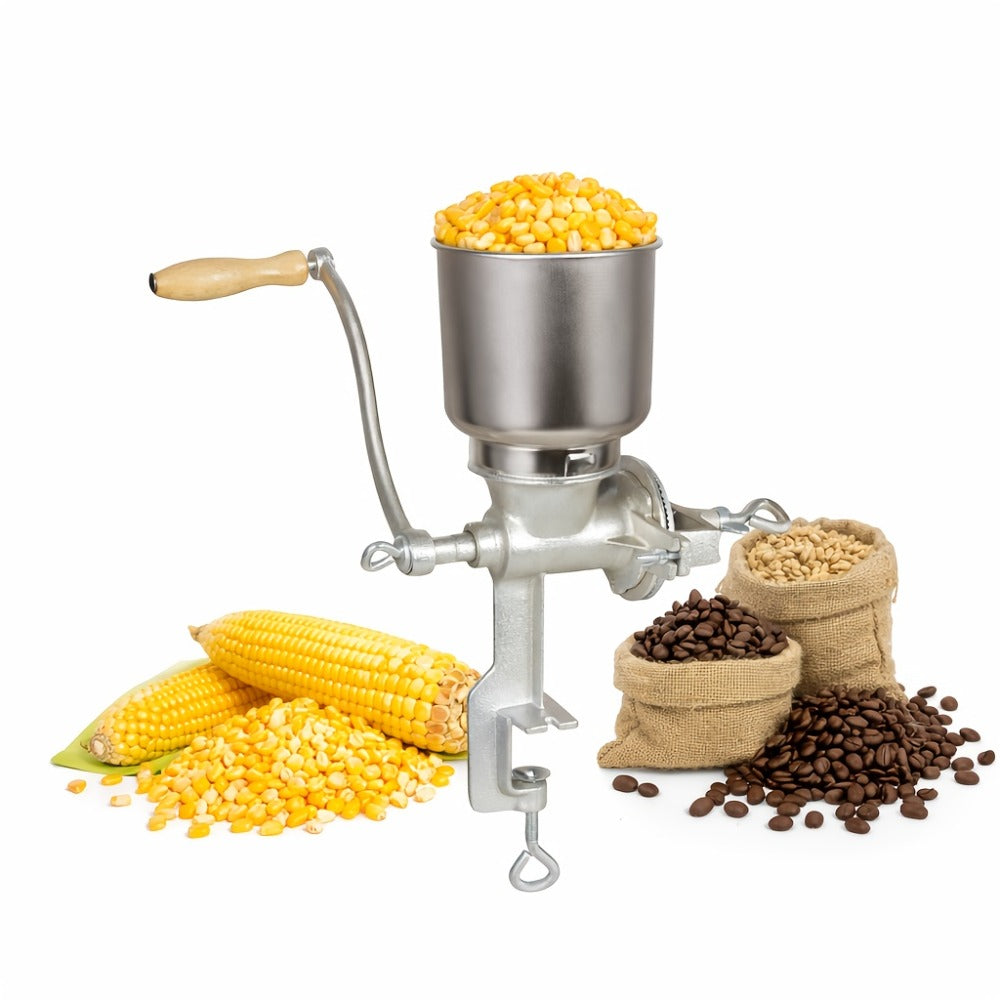 Cast Iron Grain Mill Manual Grain Grinder | Heavy Duty Hand Crank Food Mill | High Hopper with Clamp & Shield | Grinds Nuts Flour Corn Wheat Coffee | Kitchen Manual Grinder