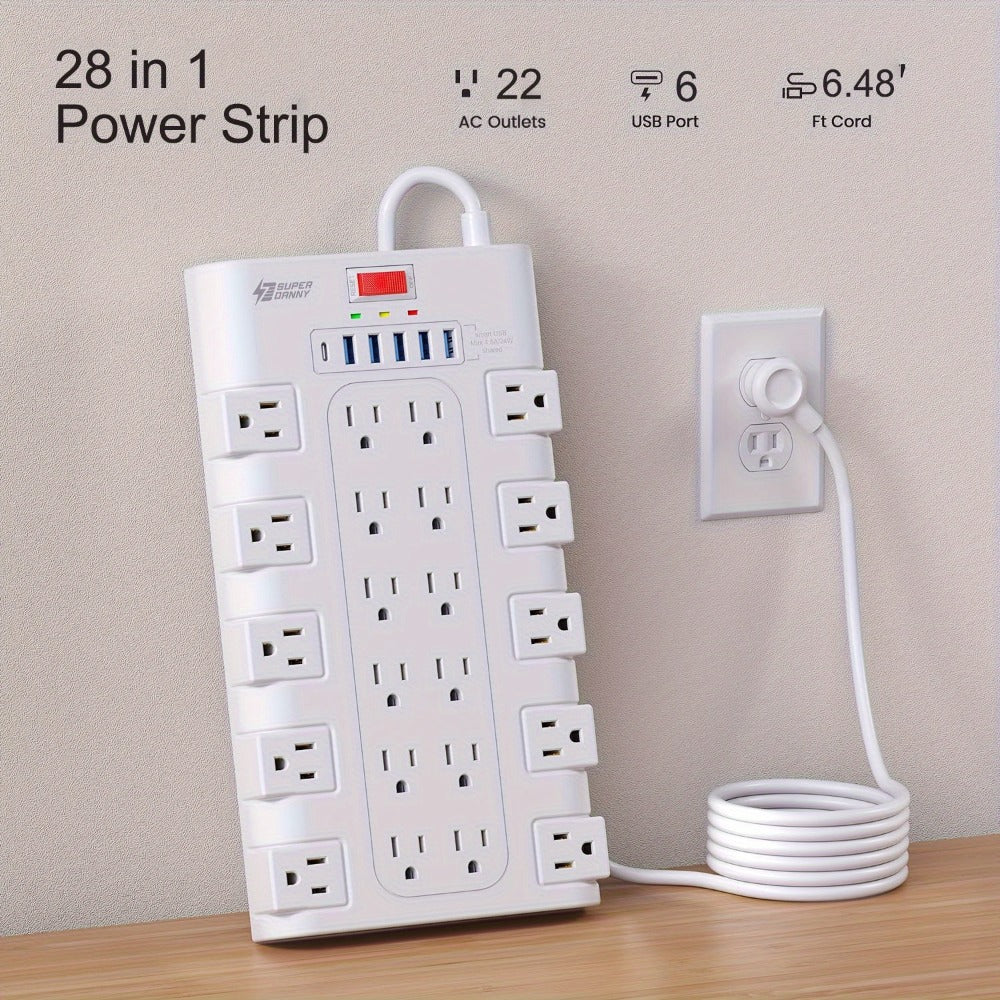 Power Strip Surge Protector 28-in-1 with 22 Widely Spaced Outlets 5 USB-A 2 USB-C Ports 2100 Joules Flat Plug Wall Mountable 6.48FT 14AWG Heavy Duty Extension Cord for Home Office