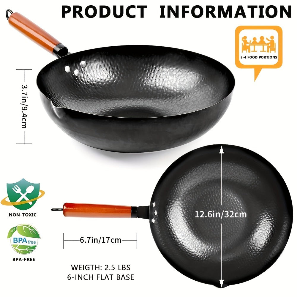 Carbon Steel Wok Set with Lid & Accessories ¨C 14-Piece Non-Stick Stir Fry Pan 12.6¡± for Gas Electric Induction All Stoves | Wok Pan with Spatula Brush Ring Utensils Kitchen Cooking Set