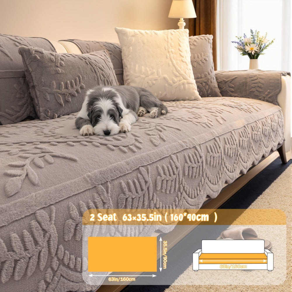 Faux Rabbit Fur Plush Sofa Cover Non-Slip | Thickened Quilted Couch Cushion, Machine Washable Pet Friendly, 1 to 4 Seat Armrest Backrest, White Light Grey Brown, Home Winter Decor