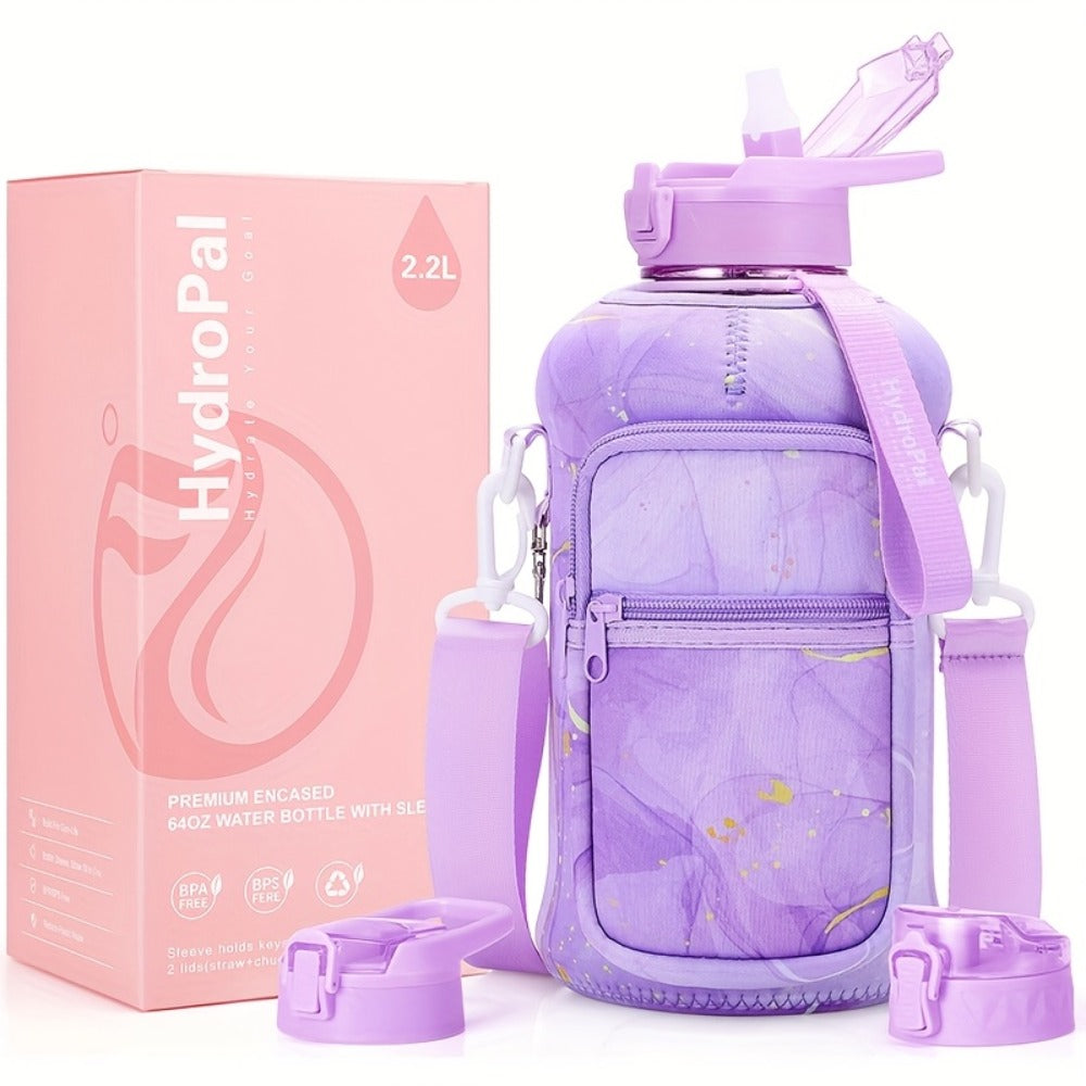 Half Gallon Water Bottle 74oz with Storage Sleeve & 2 Lids - Large Sports Water Jug for Gym, BPA-Free, Straw & Chug Lid, Time Marker, Shoulder Strap & Handle, Motivational Hydration Bottle