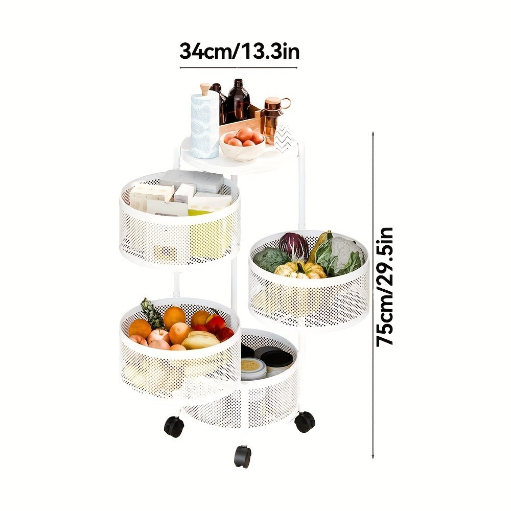 Rotating Storage Rack Multi-Tier Rolling Cart ¨C 360¡ã Swivel Round Floor Standing Organizer with 4 or 5 Layers, Vegetable Basket & File Rack for Kitchen, Bathroom, Office & Living Room (Black / White)