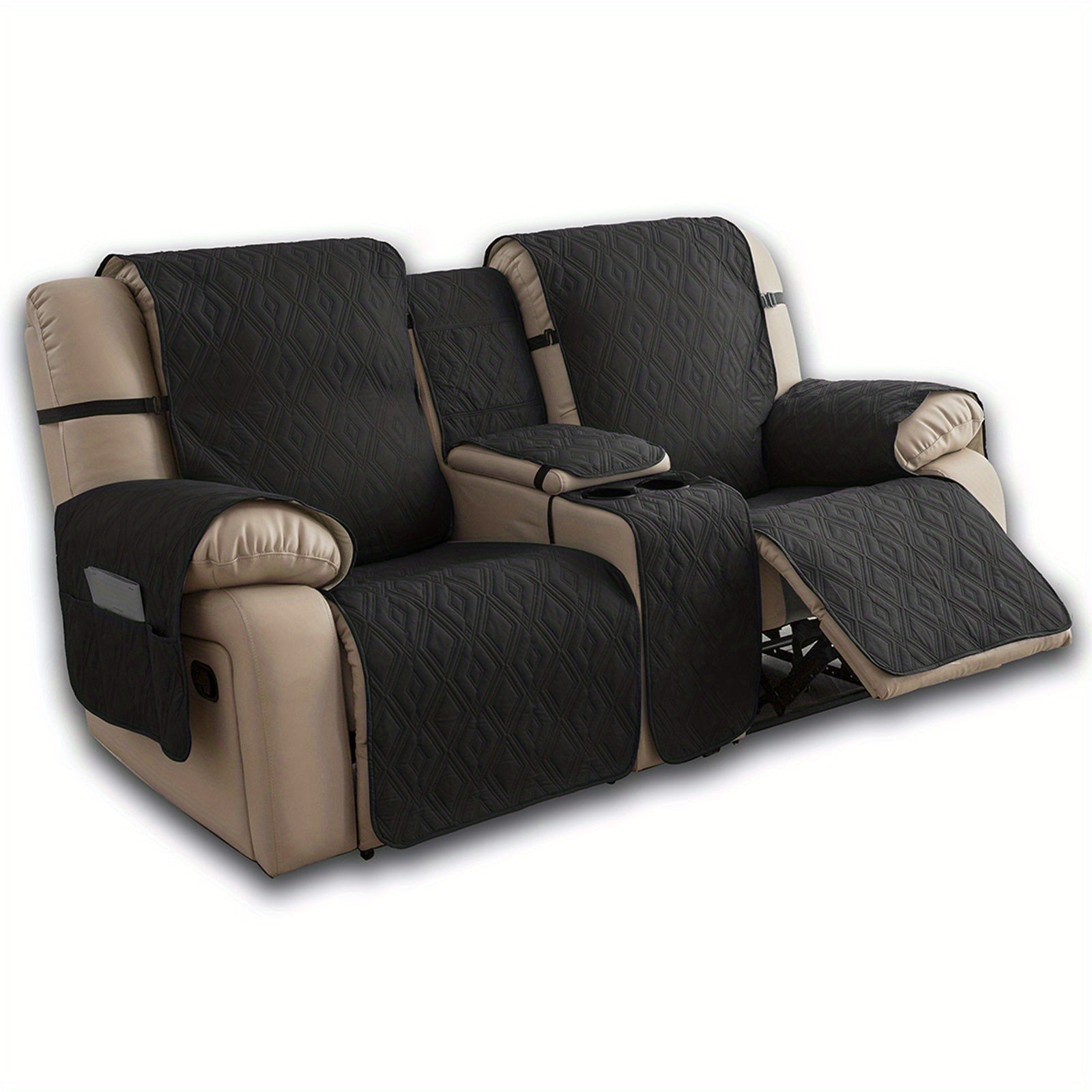 Recliner Loveseat Cover 4 Piece Set Waterproof Split Dual Recliner Sofa Slipcover with Center Console Cover & Straps - Pet Friendly Furniture Protector, Knit Polyester, 8 Colors, Black Grey Beige Navy