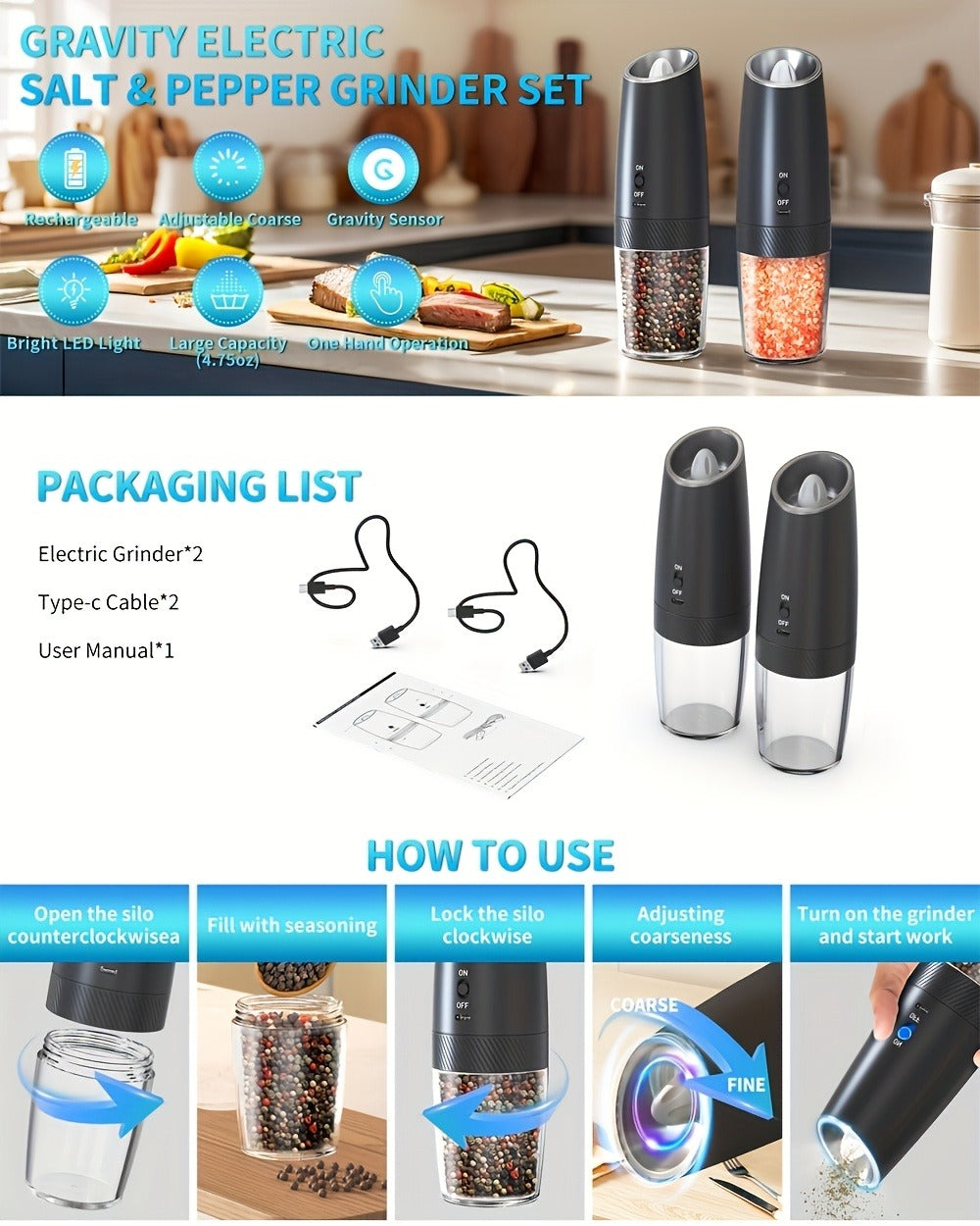 Electric Salt and Pepper Grinder Gravity Sensing USB Rechargeable with LED Light, One-Hand Operation Automatic Pepper Mill Adjustable Coarseness, Battery or Type-C Powered Kitchen Spice Grinder Set 1-2pcs