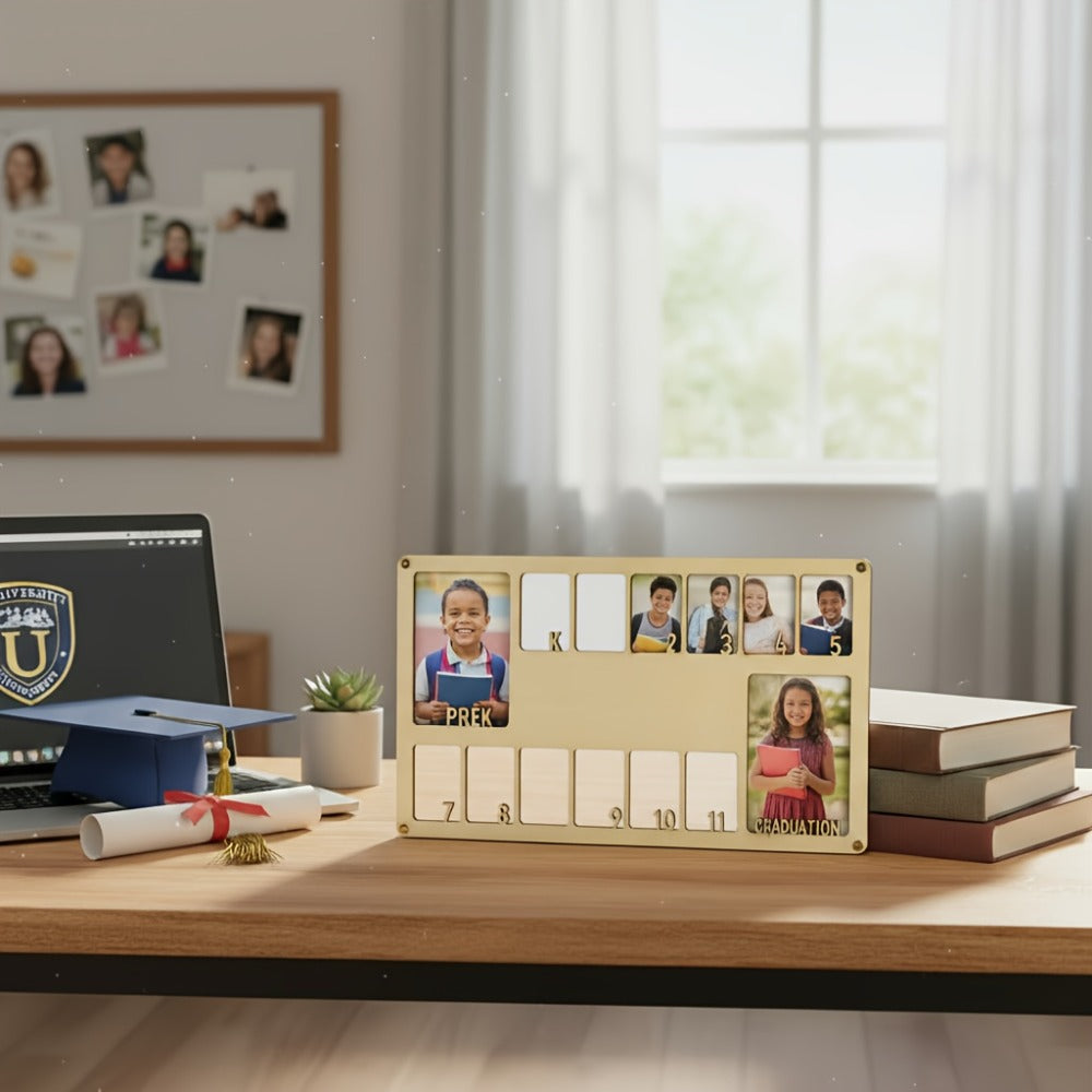 Graduation Photo Frame Vintage Wooden 14-Photo Collage Display Stand Desktop Wall Decor Home Office Grad Gift Grey Beige