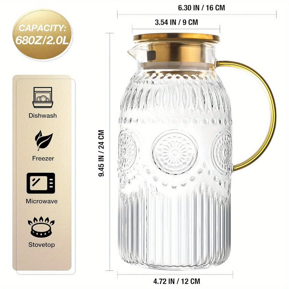 Glass Pitcher with Lid 68oz 2 Liter Heat Resistant Borosilicate Glass Water Carafe Vintage Design for Cold Brew Coffee Lemonade Iced Tea Juice Parties Picnics Camping Office Kitchen