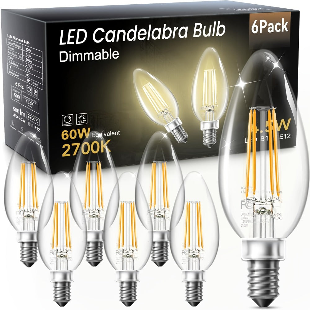 LED Candle Light Bulbs E12 Base B11 Dimmable 2700K Warm White 500 Lumens Clear Glass Vintage Filament Bulb for Chandelier Ceiling Fan Dining Room Living Room Bedroom Kitchen 12 Pack 24 Pack