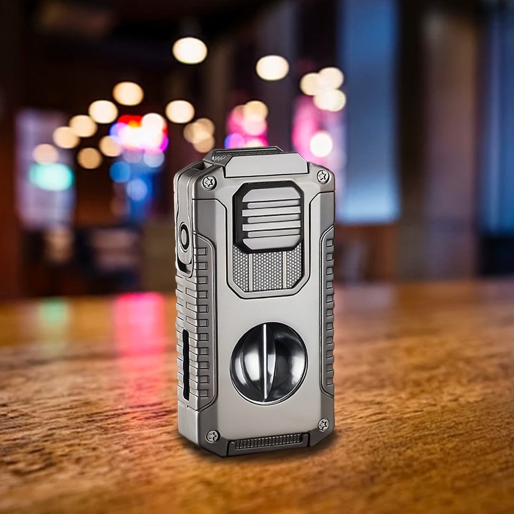 Windproof Tri-Jet Flame Butane Lighter 5-in-1 Metal Refillable - Adjustable Flame Cigar Lighter with Transparent Gas Chamber for BBQ Camping Candles Gift