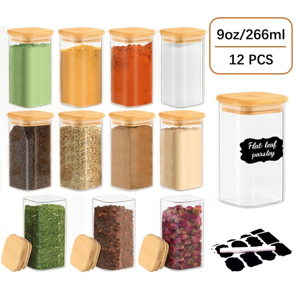 Spice Glass Jars Set with Labels 12pcs, Square Glass Spice Jars with Bamboo Lids, Sticker Labels, 5oz 7oz 9oz Food Storage Containers
