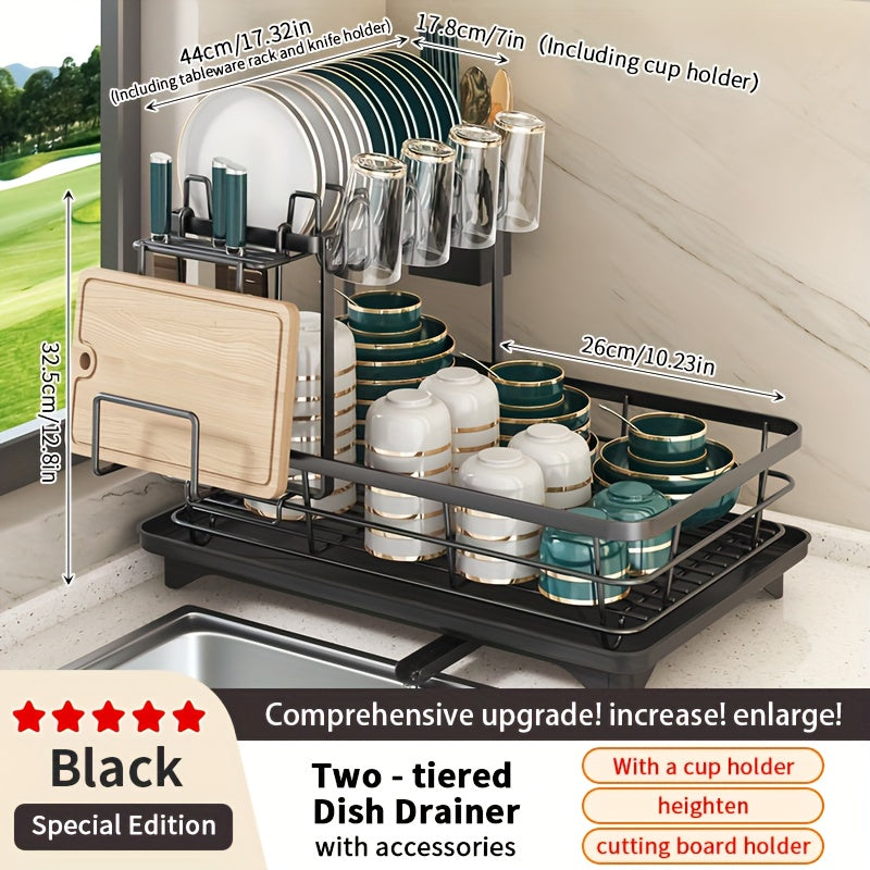 2-Tier Metal Dish Drying Rack with Cutlery Holder Cup Holder & Rust-Proof Drip Tray ¨C Space Saving Countertop Kitchen Organizer