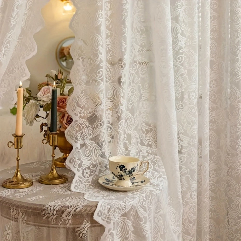 Sheer Curtains French Vintage Lace Rod Pocket Semi-Transparent Polyester Floral Phoenix Tail Design for Bedroom Living Room Partition 140cm Wide