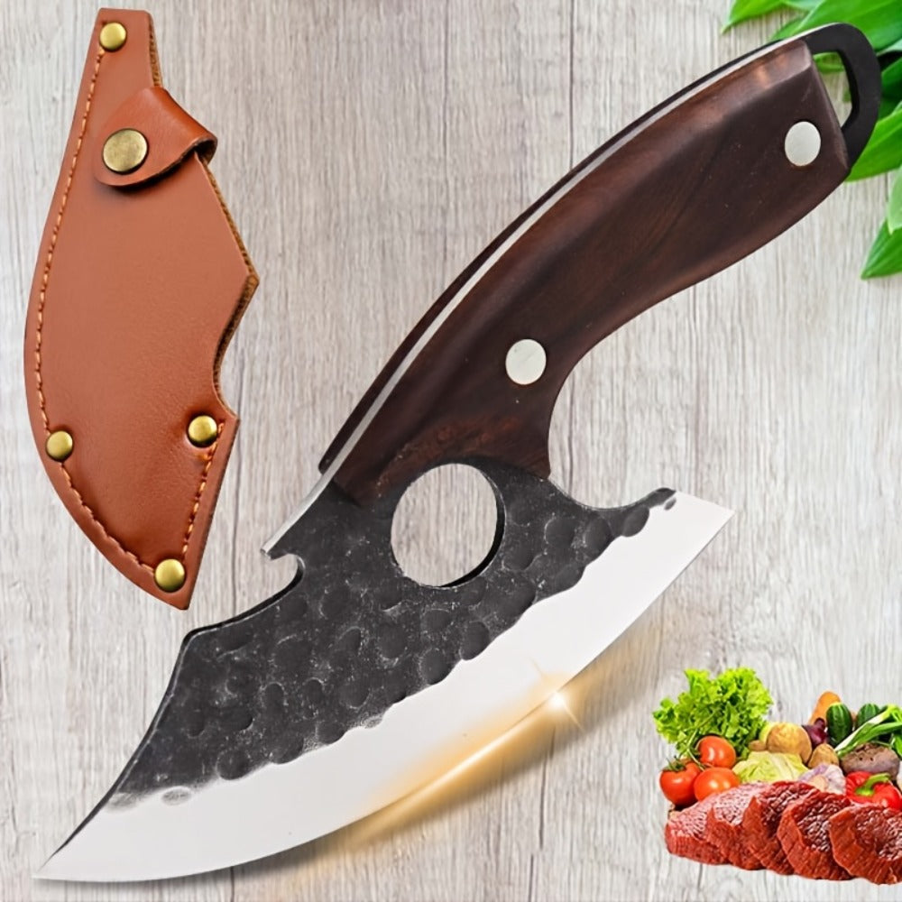 Kitchen Chef Knife Set 3 Piece Stainless Steel - Sharp Boning Knife, Utility Knife & BBQ Knife with Hammered Blade, Wood Handle, Full Tang, Multipurpose Cooking Knives for Meat Vegetables