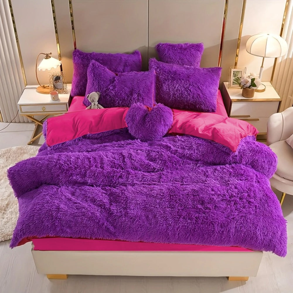 Faux Fur Duvet Cover Set Twin Queen King Super Soft Plush Comforter Cover with Pillowcases Heart Pillow for Kids Teens Machine Washable Bedroom Decor
