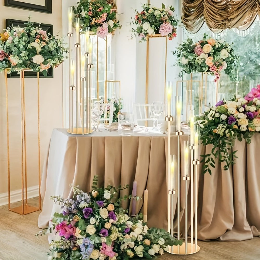 Floor Candelabra 6-Arm 46 Inch Gold Metal Candlestick Set with 12pcs LED Candles & Acrylic Shades, Tall Wedding Centerpiece Candle Holder for Valentine's Day Anniversary Party Home Decor