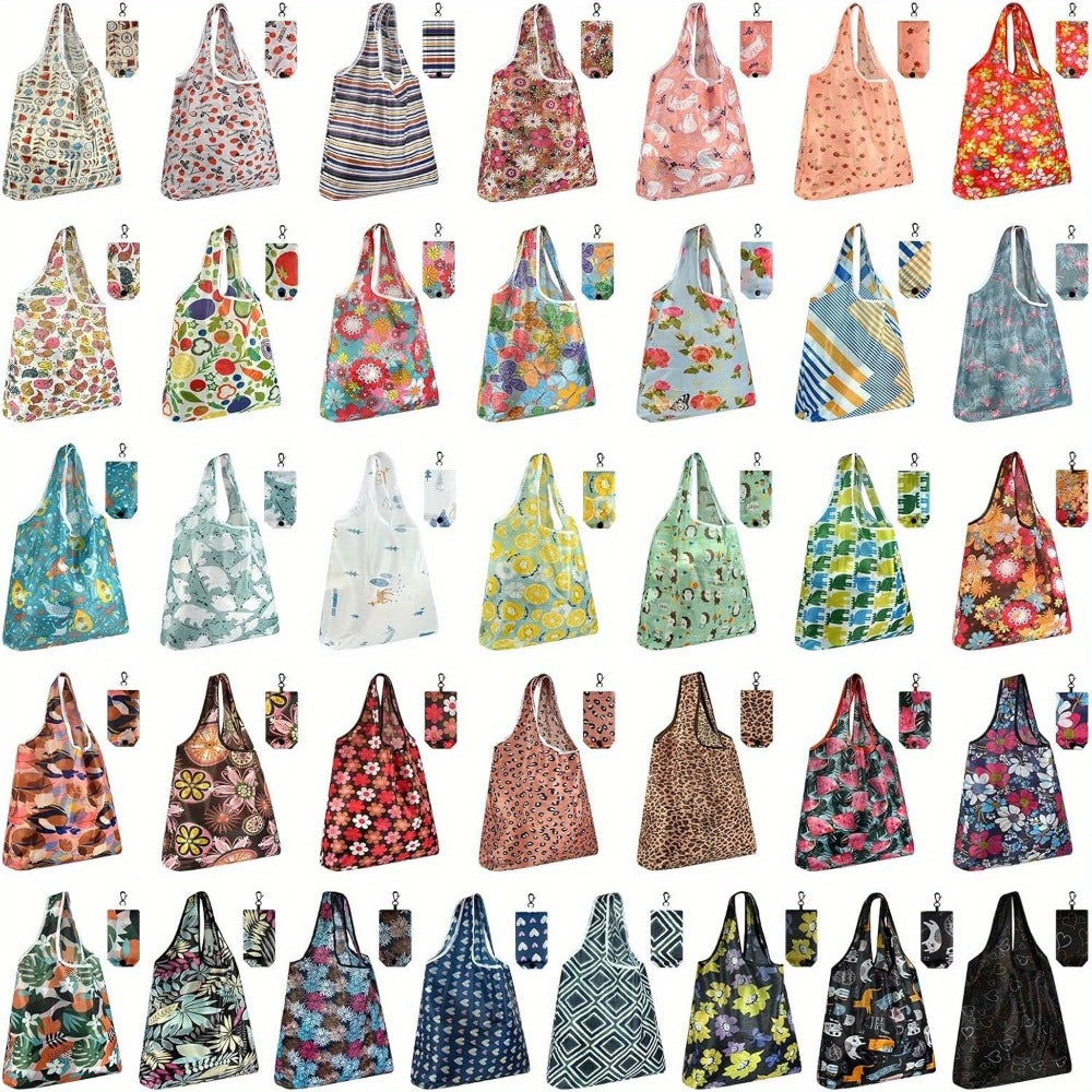 Reusable Grocery Bags Foldable Nylon Tote Bags Waterproof Washable Eco-Friendly Shopping Bag Set with Cute Floral Stripe Polka Dot Leopard Print 18/36pcs