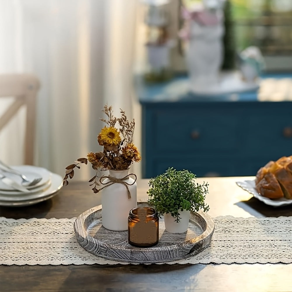 Decorative Tray for Coffee Table ¨C Round Wave-Shaped Centerpiece Tray for Living Room, Dining Room, Kitchen Counter, Bathroom ¨C Rustic Vintage Distressed Finish, Multipurpose Home Decor Tray