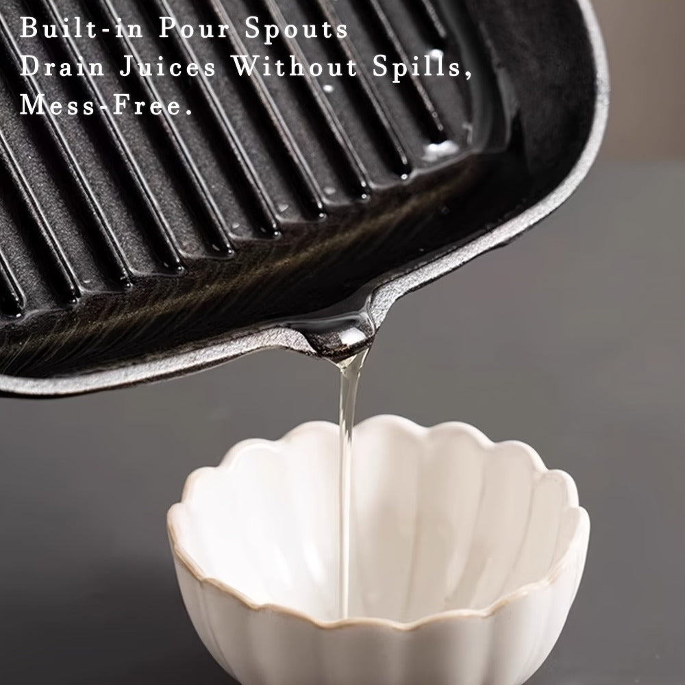 Cast Iron Grill Pan with Non-Stick Surface & Striped Design ¨C Thick Wooden Handle Skillet for Steak, Meat, Pancakes & Eggs | Gas Stove, Home & Outdoor Camping Cookware