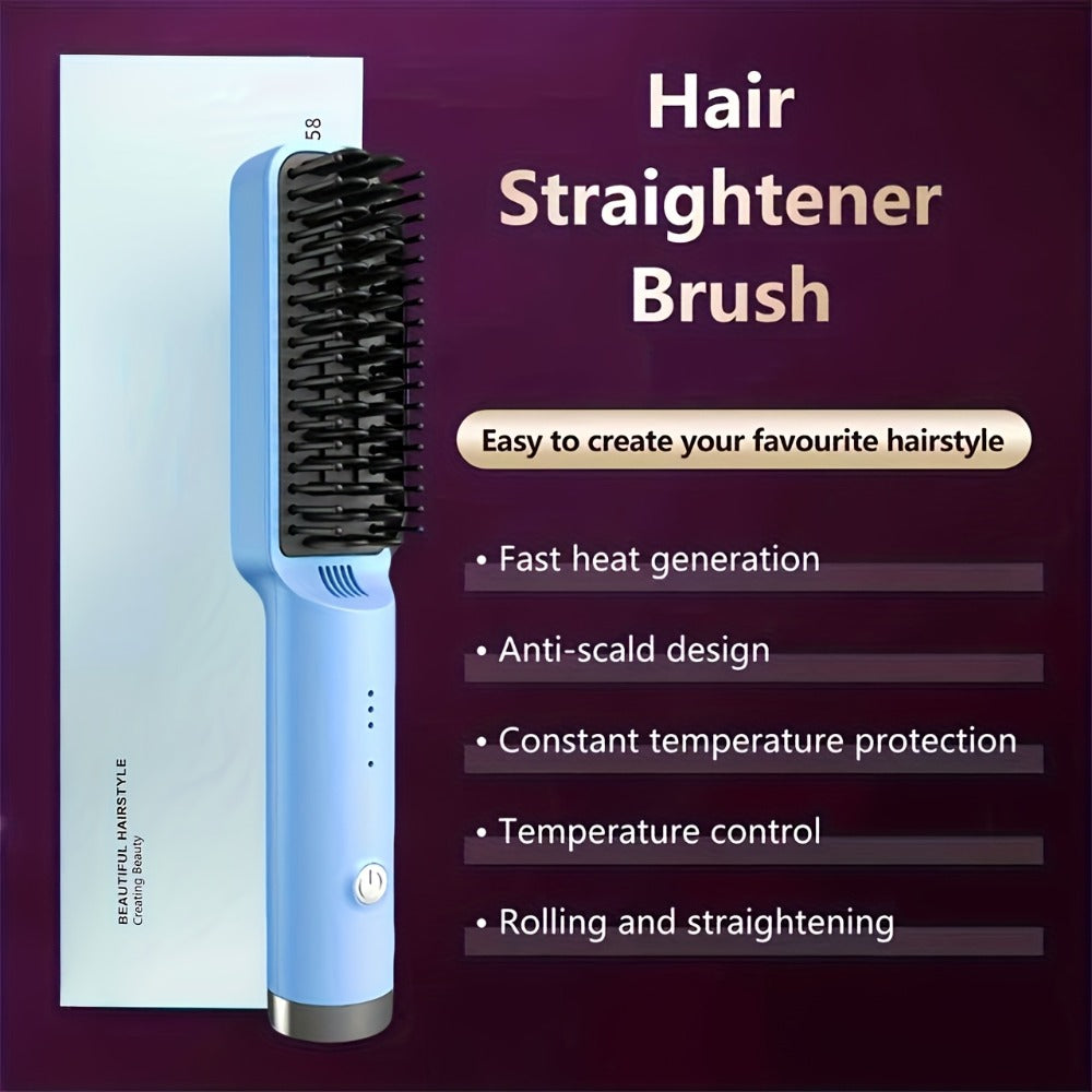 Mini Hair Straightener Comb Ceramic Heating Plate 3 Temperature Settings Fast Heating LED Display Travel Hair Straightening Brush for Women Home Salon Gift
