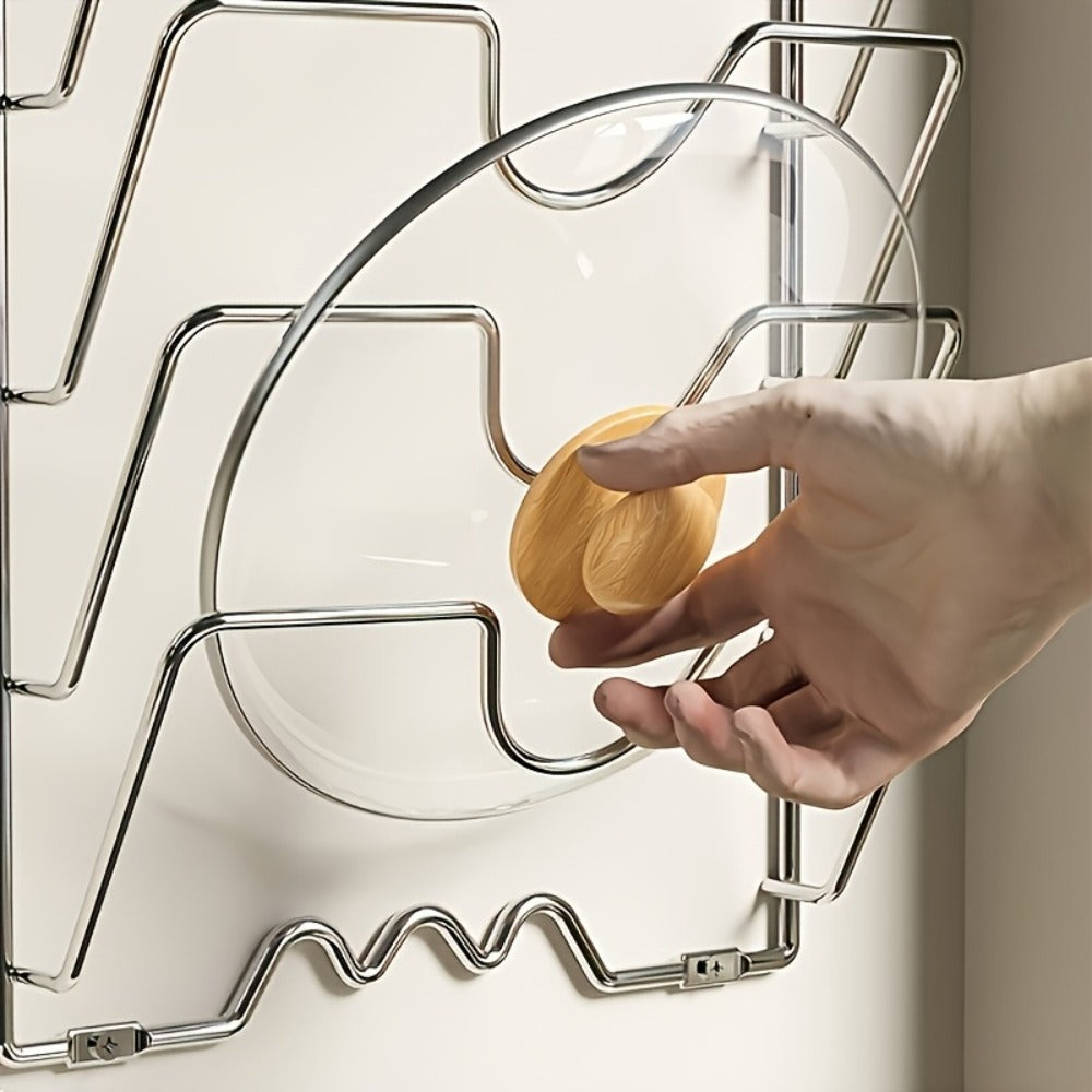 Pot Lid Organizer Wall Mounted Metal Rack | Multi-Level Hanging Pot and Lid Holder for Kitchen Storage | Space Saving Cabinet Door or Wall Mount Cookware Organizer for Home & Restaurant