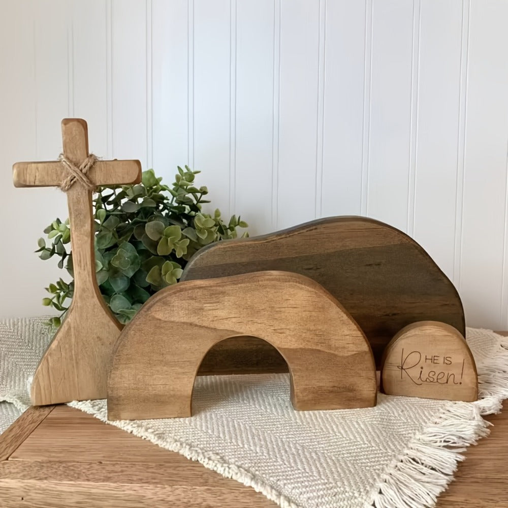 Easter Cross Decoration Wood He Is Risen Wooden Tomb Easter Resurrection Scene for Tray, Tabletop & Shelf ¨C Religious Nativity Decor for Home & Office