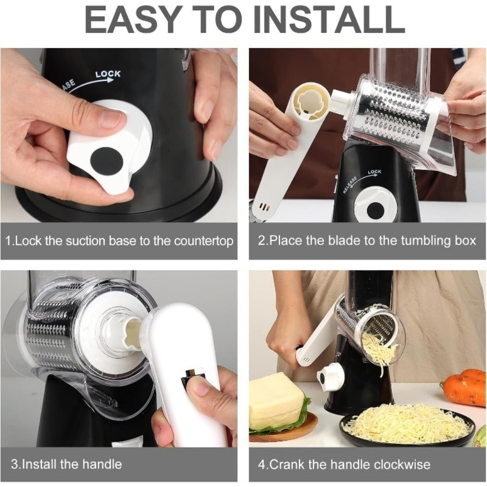 Rotary Cheese Grater with Hand Crank ¨C 3 Interchangeable Blades for Cheese, Vegetables & Nuts, Non-Slip Suction Base, Includes Cleaning Brush ¨C Manual Cheese Shredder for Kitchen (6 Colors)