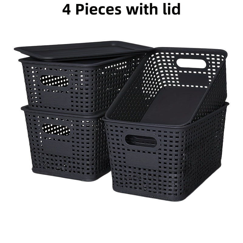 Storage Organizer Bins with Lids 4/8 Pack | Space-Saving Stackable Boxes 10¡±x7¡±x4¡± for Shelves, Closet & Desk - Declutter Bins for Dorm, Playroom & Office with File Organizer Bag, White Black Gray Red