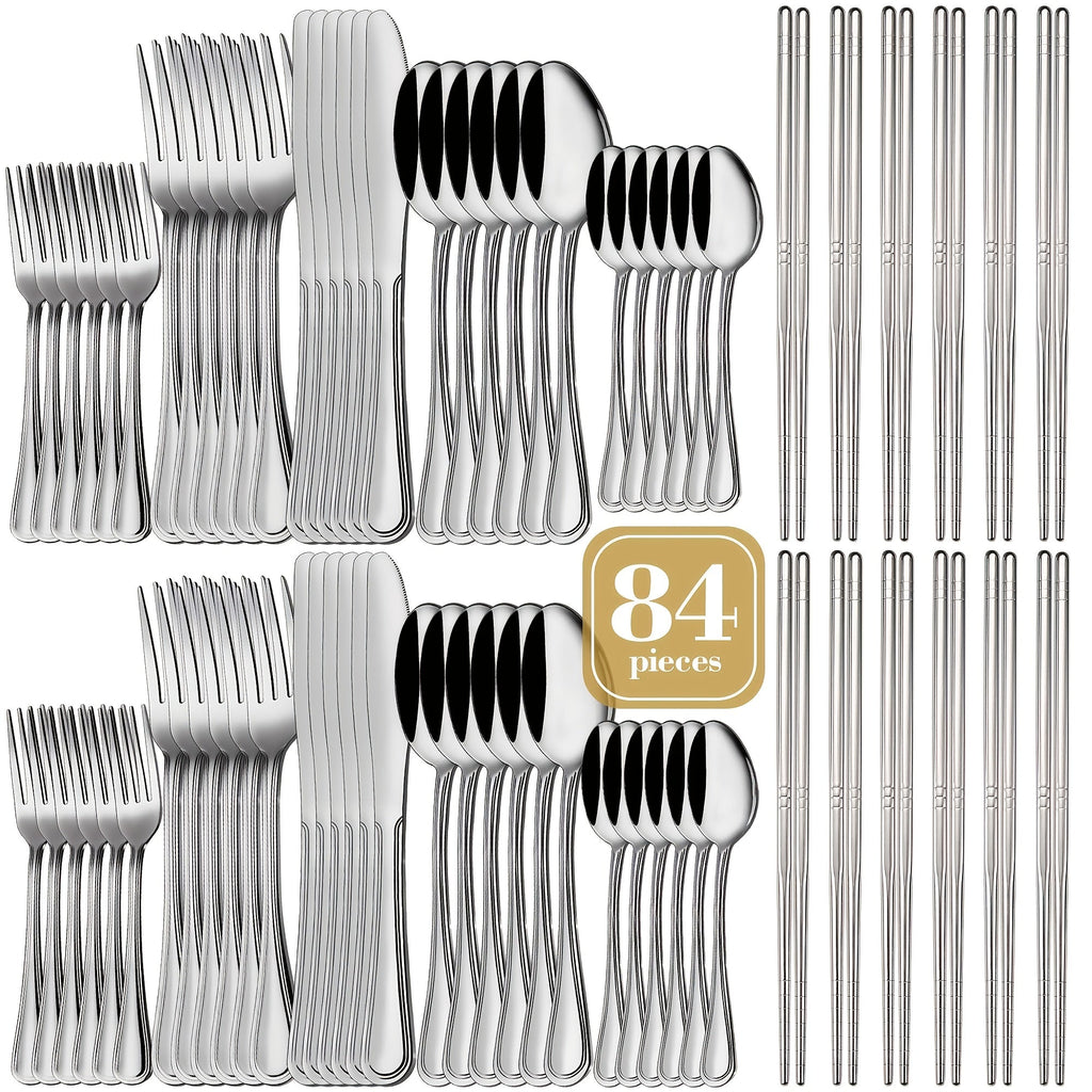 84-Piece Golden Cutlery Set Service for 12 | Knife Fork Spoon Set for Family Gatherings Camping BBQ Kitchen Utensils
