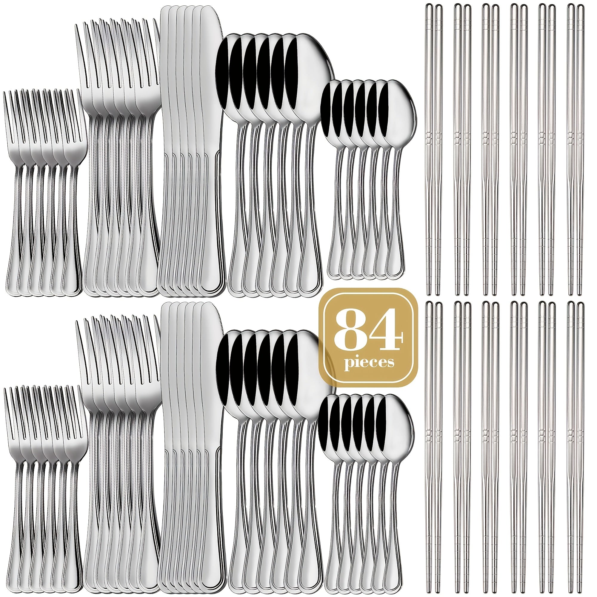 84-Piece Golden Cutlery Set Service for 12 | Knife Fork Spoon Set for Family Gatherings Camping BBQ Kitchen Utensils