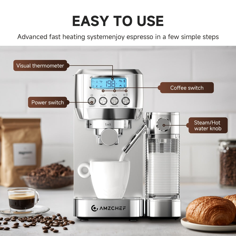 Espresso Machine 20 Bar with Automatic Milk Frother ¨C Dual Boiler Coffee Maker, Touch Control, Cappuccino & Latte Machine with Dual Wall Filters, Includes Milk Frother, Easy to Use for Home & Gifts
