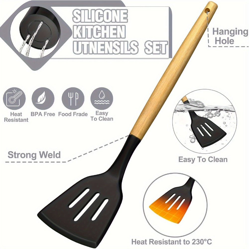 Silicone Kitchen Utensils Set 34-Piece with Holder ¨C Heat Resistant Cooking Spatula Tools for Nonstick Cookware | Wooden Handle Kitchen Gadgets | Father's Day & Housewarming Gift