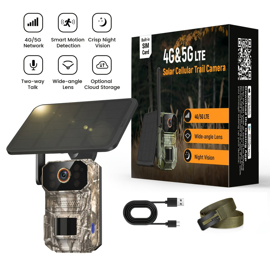 4G LTE Cellular Trail Camera with Solar Panel ¨C 4K Wildlife Monitoring Camera, PIR Motion Sensor, Infrared Night Vision, Two-Way Voice, Remote Access, No WiFi Required, for Hunting & Security (Camo/Brown)