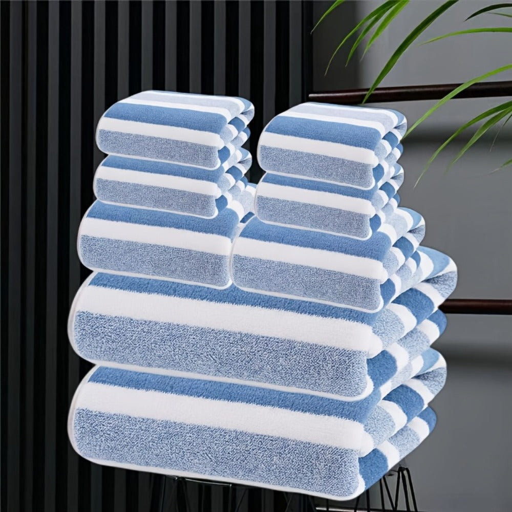 Towel Set 8 Piece Two-Color Striped - Super Absorbent Soft No Hair Loss Bath Towel Combo | 2 Bath Towels 2 Face Towels 4 Hand Towels | Grey Red Blue Green | Bathroom Family Hotel Spa Gift Set