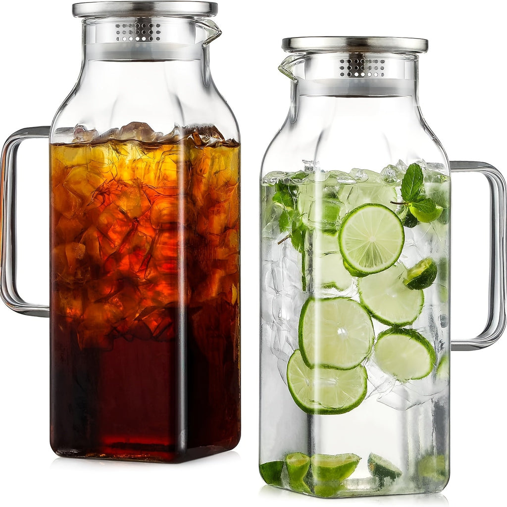 Glass Pitcher with Lid & Handle 2L 68oz ¨C Square Borosilicate Water Jug, Heat Resistant Carafe for Fridge, Iced Tea, Coffee & Cold Drinks ¨C 2 or 4 Pack with Optional 16oz Cups