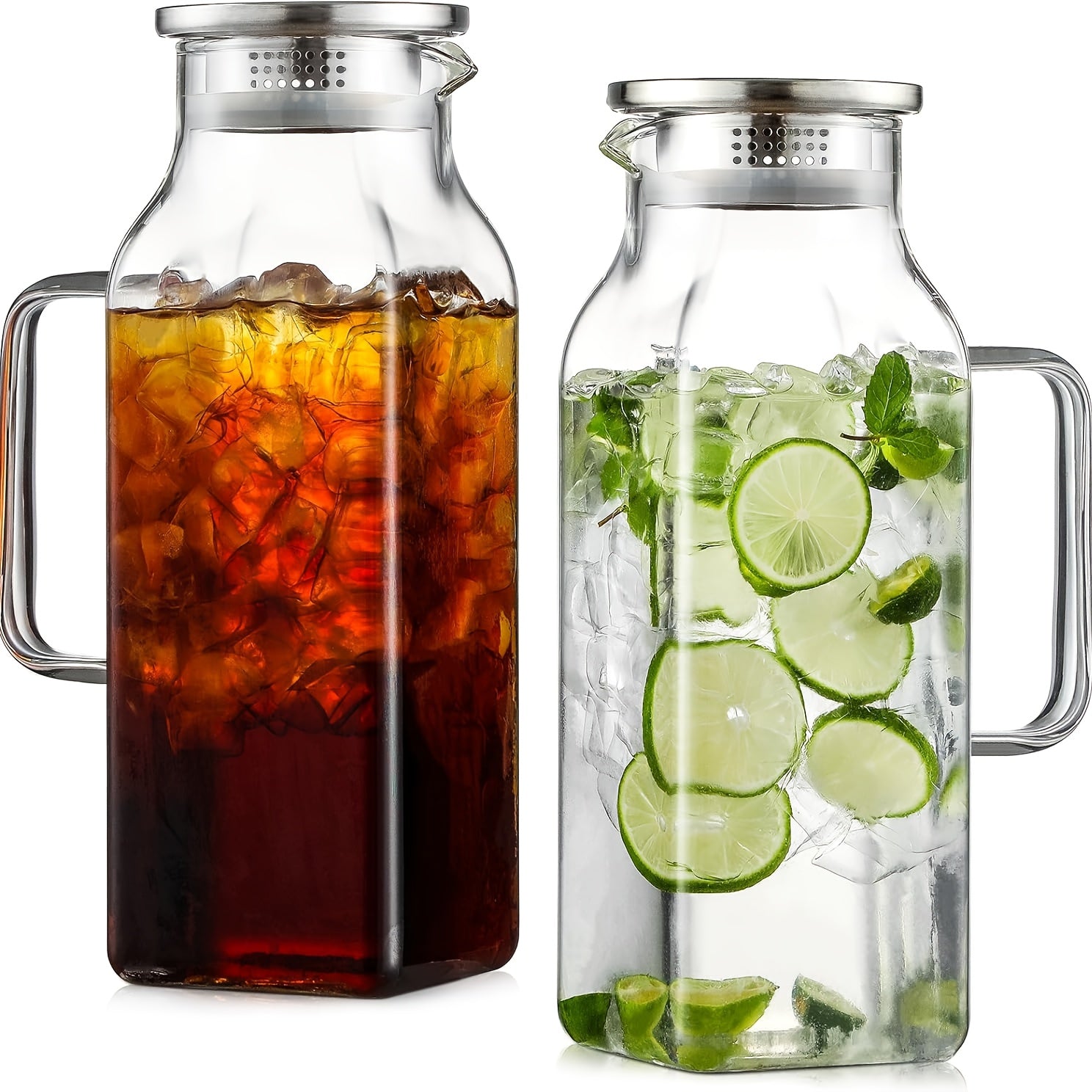 Glass Pitcher with Lid & Handle 2L 68oz ¨C Square Borosilicate Water Jug, Heat Resistant Carafe for Fridge, Iced Tea, Coffee & Cold Drinks ¨C 2 or 4 Pack with Optional 16oz Cups