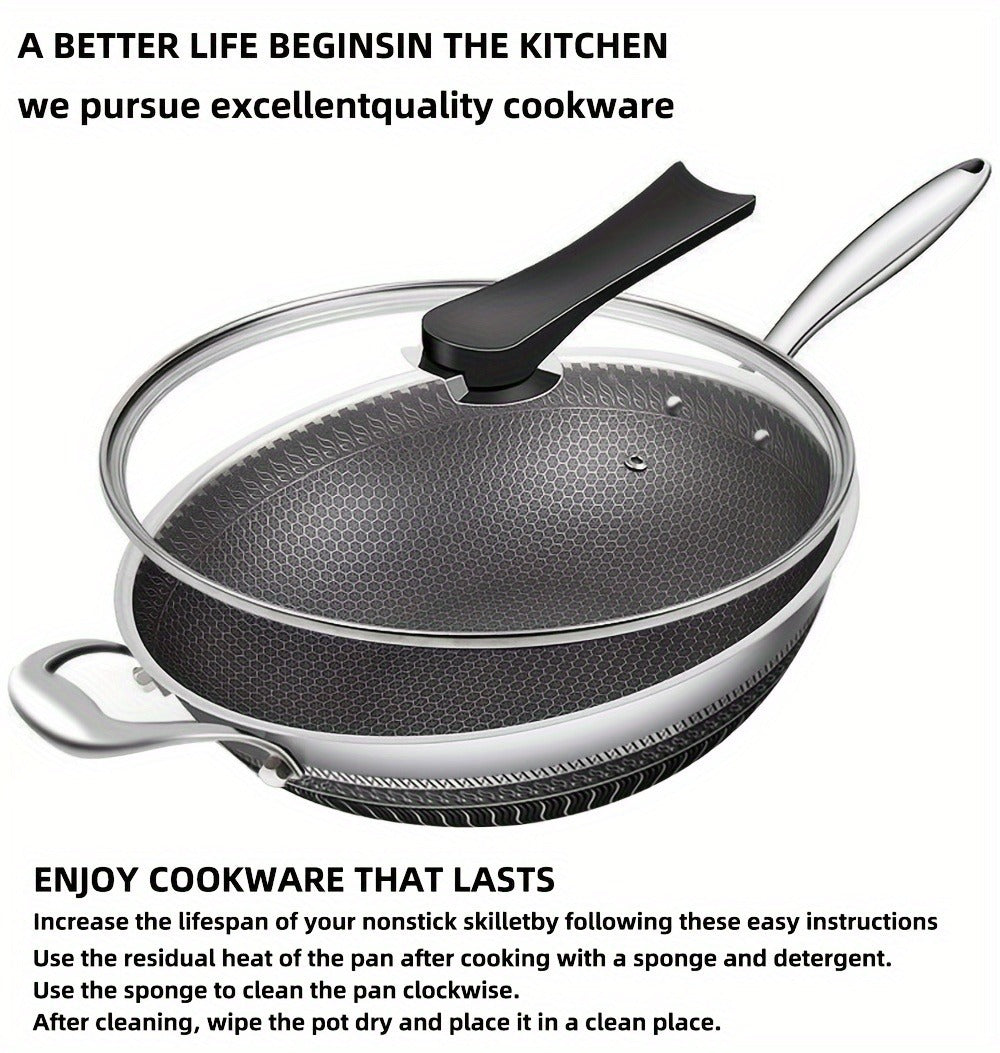 Stainless Steel Wok 13.3 Inch Honeycomb Non-Stick with Lid Spatula & Pot Brush ¨C All Cooktop Compatible Stir Fry Pan | Induction Gas Electric Ceramic | Complete Kitchen Wok Set Cooking Accessories