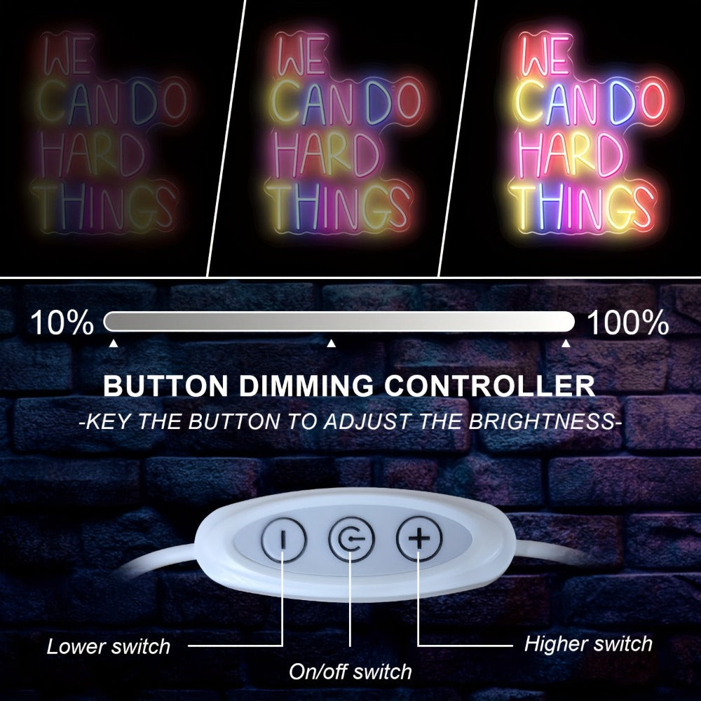 Neon Sign We Can Do Hard Things ¨C Dimmable LED Wall Art, USB Powered, Vibrant Colors, Inspirational Bedroom Decor for Classroom Birthday Party Aesthetic Backdrop, 13.3x10.6 In