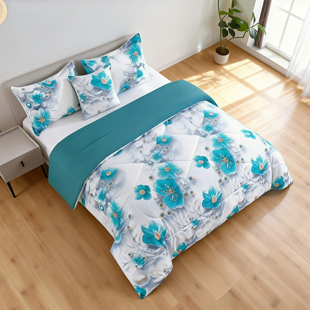 Teal Floral Comforter Set Twin Queen King Gradient Oil Painting Style Botanical Luxury Quilt Bedding Soft Microfiber All Season Bed in a Bag Gift