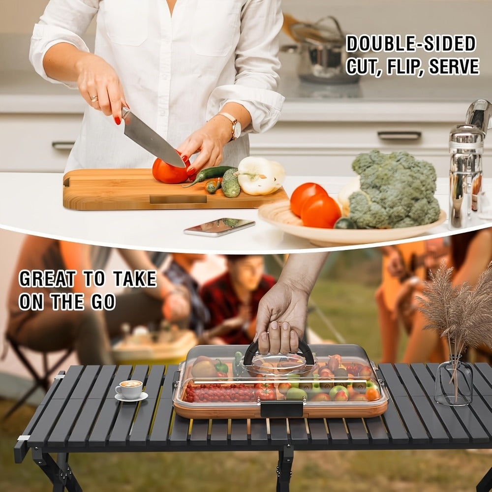 Bamboo Charcuterie Board with Lid | 5-Compartment Divided Cheese Snack Tray with Handles Locking Lid Portable Serving Platter for Parties Picnics Camping Gifts