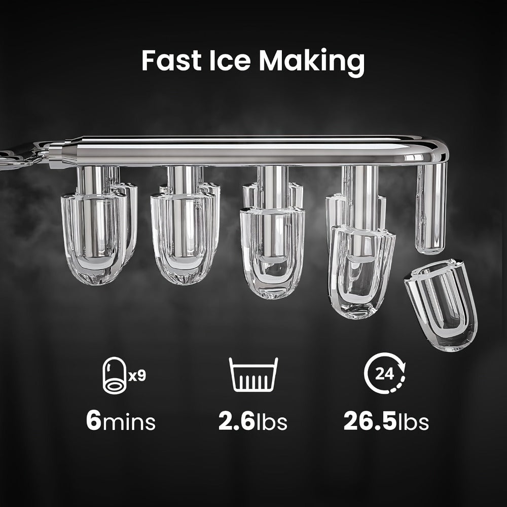 Countertop Bullet Ice Maker 26lbs/24H, 9 Bullet Ice Cubes in 6 Mins, 2 Sizes, Self-Cleaning Portable Ice Machine with Handle Ice Basket & Scoop, for Home Kitchen RV Camping