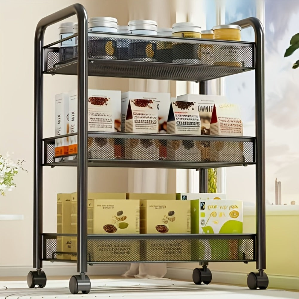 Rolling Storage Cart on Wheels ¨C 3/4/5 Tier Carbon Steel Wire Basket Trolley, Black Metal Utility Cart for Kitchen, Bathroom, Bedroom, Office & Living Room, Space-Saving Detachable Shelving Unit