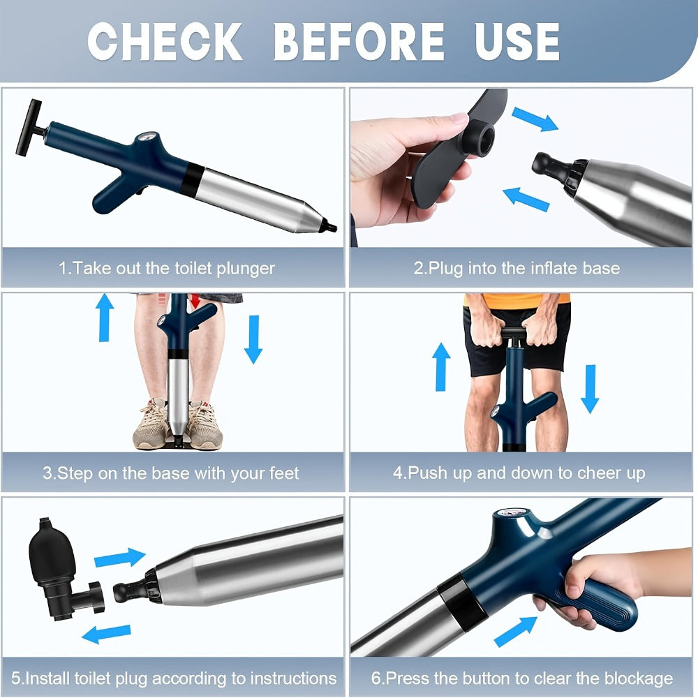 Toilet Plunger Set High Pressure Air Drain Unclogger - Stainless Steel Toilet Snake & Air Discharge Impactor for Clogged Toilet, Kitchen Sink, Bathroom Drain & Pipe Blockage Removal