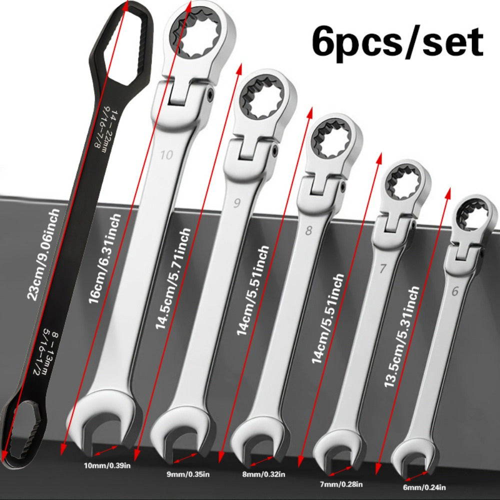 Flexible Head Ratchet Wrench Set 6-Piece ¨C 72-Tooth 180¡ã Dual-End CR-V Steel, Metric 6-10mm Double-Headed Wrenches for Auto, Motorcycle & Bike Repair, Compact Tool Kit