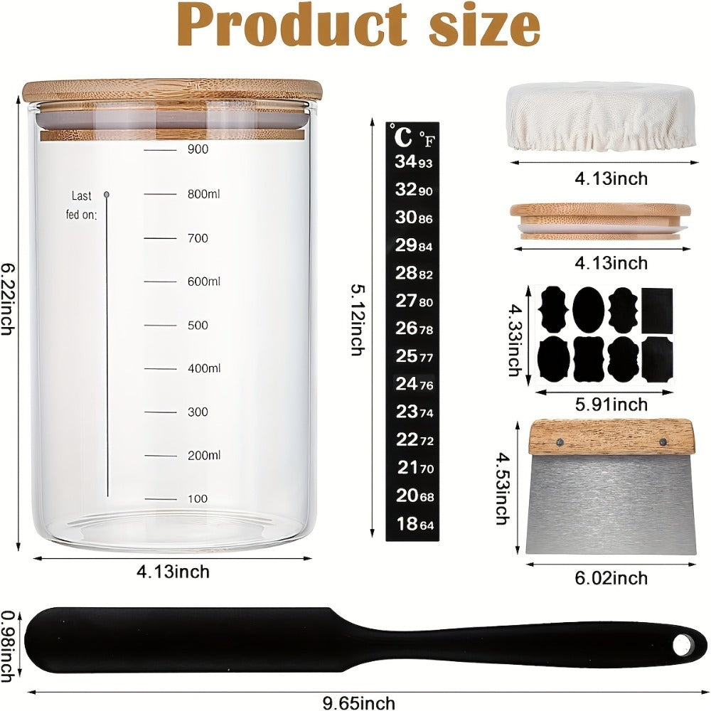 Sourdough Starter Jar 24oz with Lid & Accessories Kit | Glass Bread Starter Container with Silicone Scraper, Thermometer Strip, Date Feeding Band, Cloth Cover & Wood Lid ¨C Reusable Fermentation Jar