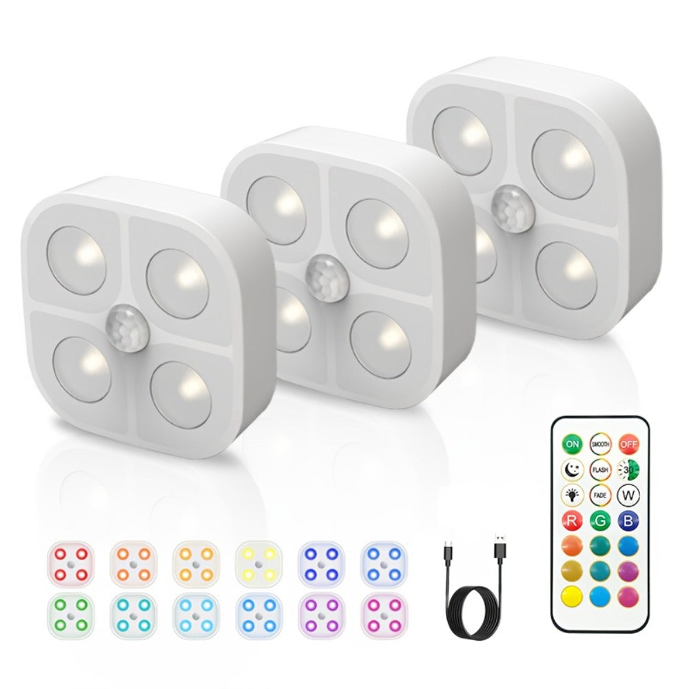 Puck Lights Rechargeable RGB with Charging Station - Motion Sensor Under Cabinet Lighting, Wireless LED Closet Lights with Remote Control, Color Changing Night Light for Hallway Stairway Bathroom Bedroom Kitchen, 3/4/6 Pack